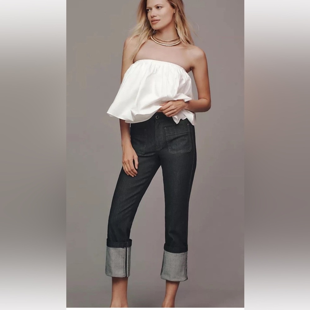 Anthropologie Maeve Cuffed Crop High Rise Straight Leg Jeans Dark Denim